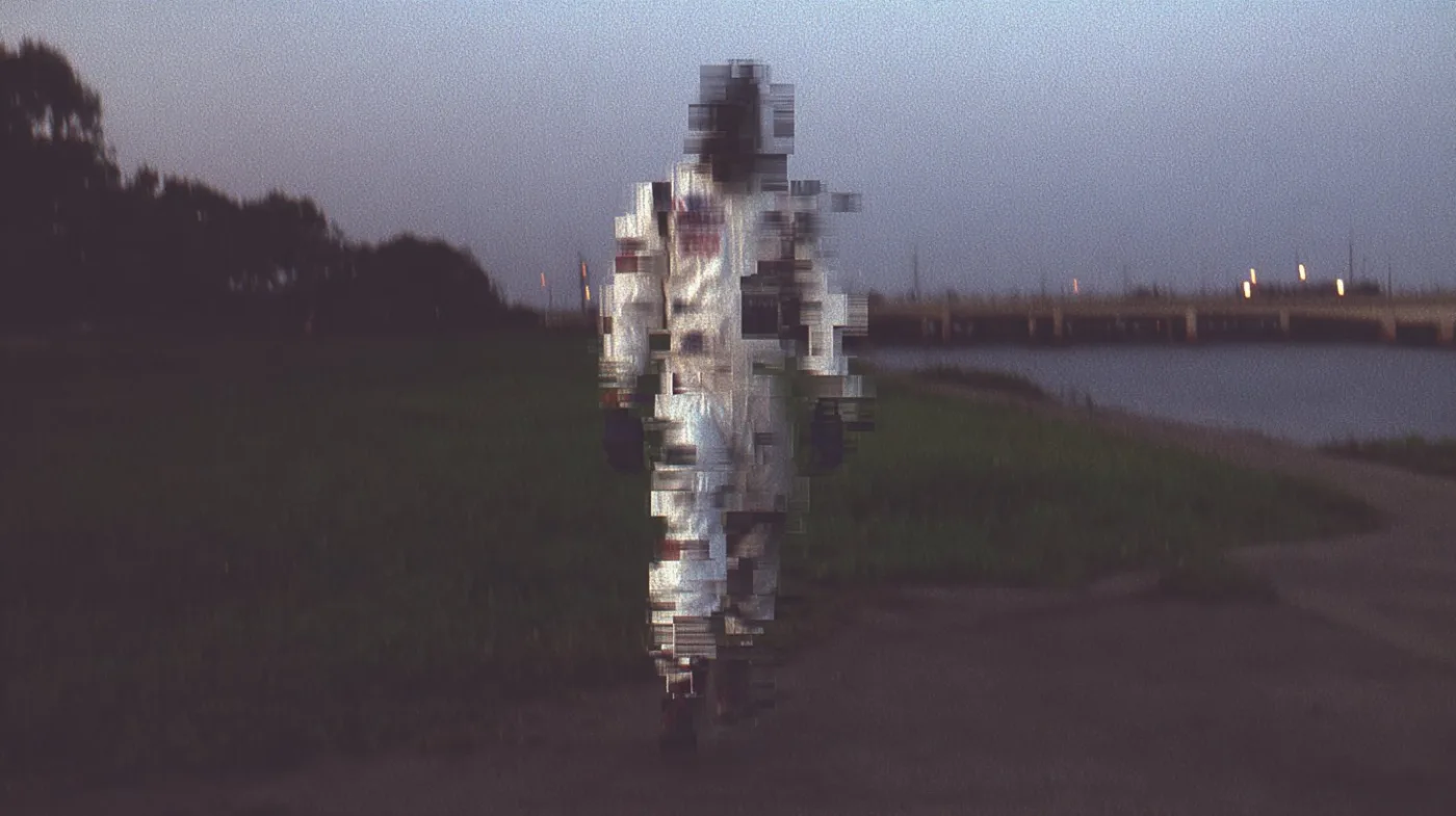 Cinematic landscape with fractured figure